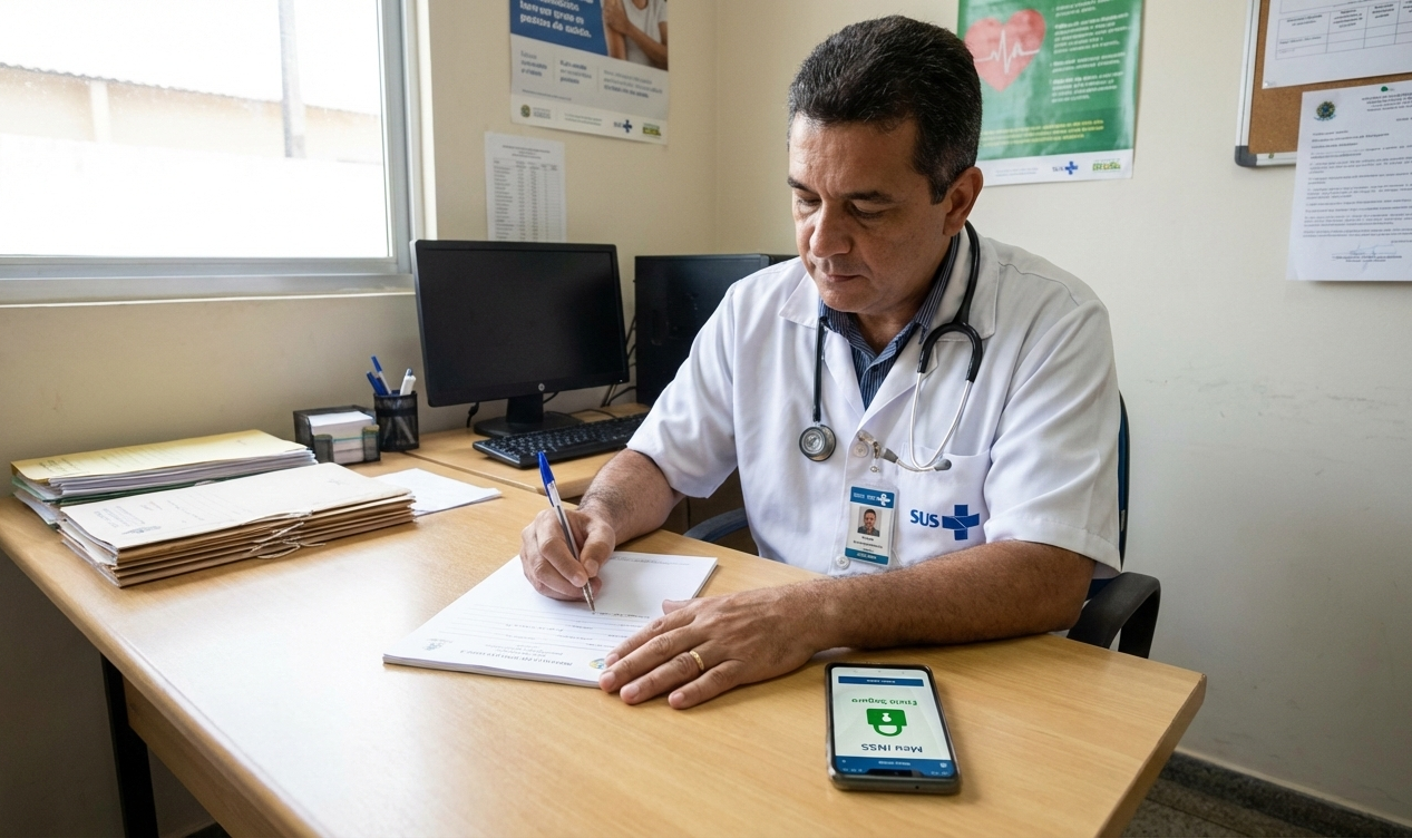 Médico em consultório vestindo jaleco branco e estetoscópio, preenchendo um atestado médico à mão em sua mesa. Ao lado das folhas de papel, um smartphone sobre a mesa exibe uma tela alusiva ao aplicativo Meu INSS com um ícone de cadeado verde, simbolizando o envio seguro de documentos (Atestmed). Atestado médico INSS.