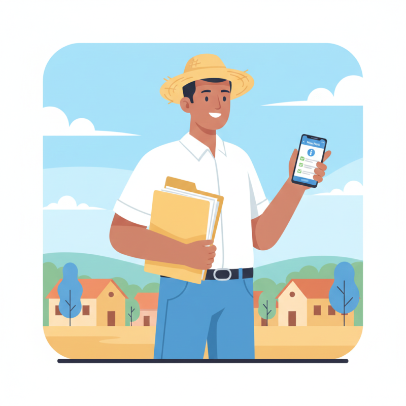Ilustração em estilo flat design de um trabalhador rural brasileiro segurando uma pasta com documentos e um celular que exibe o aplicativo Meu INSS, com uma cidade do interior ao fundo.