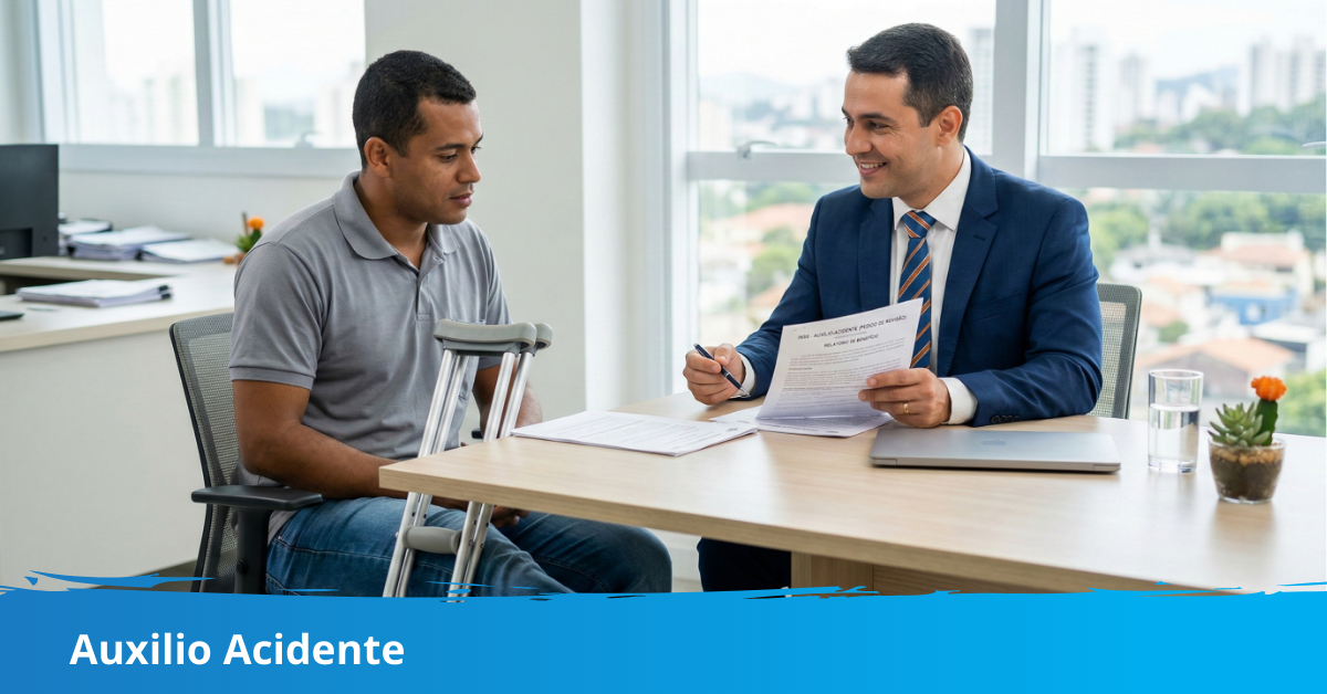 Auxilio acidente São Paulo: advogado previdenciário analisando documentos no escritório.