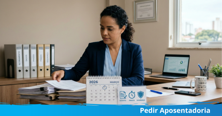 Pedir Aposentadoria. Uma mulher profissional de meia-idade, vestida com um terno azul, revisa documentos em sua mesa de escritório para o planejamento de pedir aposentadoria.